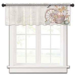 Curtain Wood Grain Flower Leaves Farmhouse Kitchen Small Tulle Sheer Short Bedroom Living Room Home Decor Voile Drapes