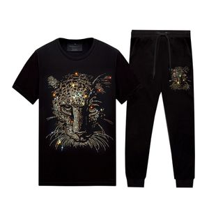 Summer Casual Rhinestone Shirts Pants Tracksuit Mężczyźni Kobiety - dwa kawałki ustawione na krótkich rękawach i legginsy Czarna mieszanka bawełniana