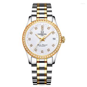 Relógios de pulso Carnival Women Relógio Automático Strass Data Vestido Mecânico de Luxo Pulseira de Aço