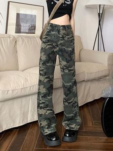 Damjeans American Retro Camouflage Work Y2k 2023 Summer High Waist Fashion Micro Ra Långa byxor Lösa raka ben