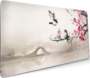 Süße Vögel, Sakura, erweitertes Mauspad, 89,9 x 39,9 cm, XXL, Kirschblüten-Blume, Blumenmuster, rutschfeste Gummiunterseite, groß