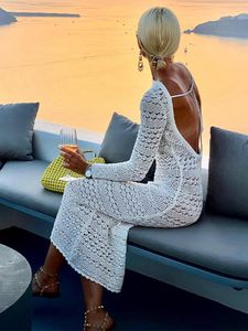 Capris Sexy Hollow Out Backless Knitted Dress Fashion Women Long Sleeve Lace Up Mix Dresses 2023 Female Elegant Beach Holiday Robes