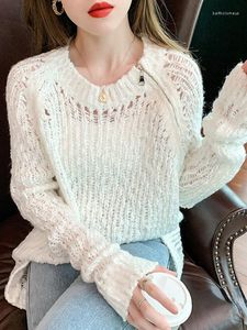 Swetry damskie 2023 wczesna jesień sweter z dziurami bezczynny styl cienki dzianinowy top z filtrem przeciwsłonecznym panie seksowny wycięcie luźna dzianina z długim rękawem