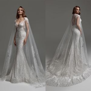 Sexy Mermaid Sparkling Wedding Dresses V Neck Short Sleeve Bride Gowns With Wraps Zipper Back Robe De