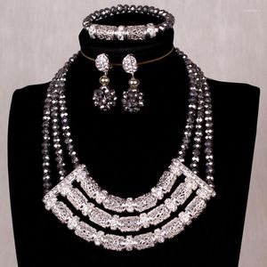 Necklace Earrings Set Dudo Arabic Jewelry Dubai Jewerly 3 Layers Silver Crystal And Plated Nigerian Wedding Party Jewellery 2023