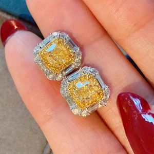 Ins I più venduti Orecchini a bottone Gioielli di lusso Scintillante Argento sterling 925 Pirncess Cut Giallo 5A Cubic Zircon Party Women Wedding Orecchino fatto a mano per regalo amante