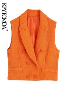 Blazers Kpytomoa Women Fashion Front Buttons Tweed Cropped Waistcoat Vintage Lapel Collar Sleeveless Female Outerwear Chic Tops