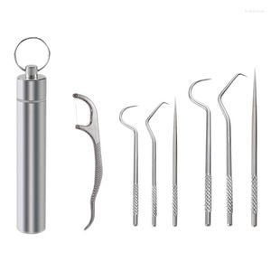 Förvaringspåsar 7 st Tandverktyg Tandrengöringssats Calculus Remover Pick Set Återanvändbara metalltandpetare med hållare