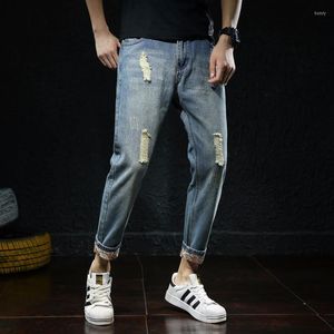 Men's Jeans Ripped Cropped Pants Straight Leg Foot Turn-up