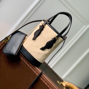 Designer bucket bag natural cotton with black leather crossbody bag monogram pattern shoulder bag for women handbag with removable leather key holder