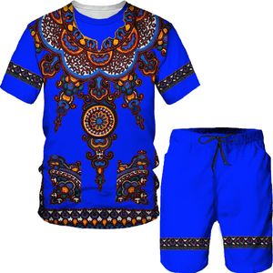 Kleider, schicker Stil, afrikanisches Totem-bedrucktes T-Shirt-Set für Herren, Übergröße, männlicher ethnischer primitiver Stammes-bedruckter Trainingsanzug, traditionelle Kleidung