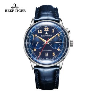 Reef Tiger/RT Top Brand Blue Automatic Pilot Watch Men Functional Mechanical Watch Waterproof Leather Band Wrist Watch RGA9122