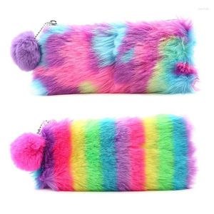 Korean Kawaii Cute Plush School Pencil Case Rainbow Color Pen For Girls Large Capacity Bag Stationery Pouch Box