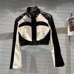 Women's Jackets 2023 Spring Small Crowd Fried Street Letter Print Collar Contrast Stitching PU Leather Jacket