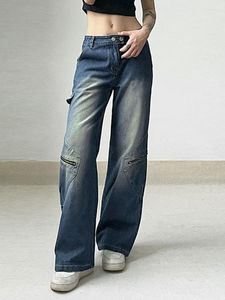 Jeans Feminino WeiYao Chic Bolso com Zíper Y2k Streetwear Calça Cargo de Perna Reta Larga Harajuku Calça Jeans Feminina Vintage 2023 Casual