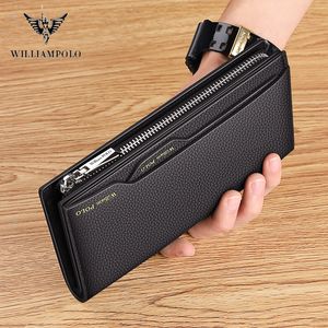 WilliamPOLO Carteiras Masculinas de Couro Genuíno Carteira Masculina Carteira de Crédito Titulares de Cartão de Visita Moda Bolsa para Celular com Zíper Bolsa de Mão