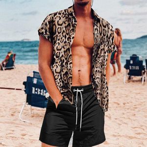 Fatos de treino masculinos verão conjuntos havaianos com estampa de leopardo camisa de manga curta praia shorts de botão de férias terno de duas peças cardigã de alta qualidade 230707