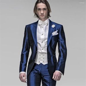 Kostymer för män Shinny Italiensk Marinblå Satin Män Slim Fit Formell Herrar Bröllop För Smoking Blazer 2 delar (JACKABYXA)