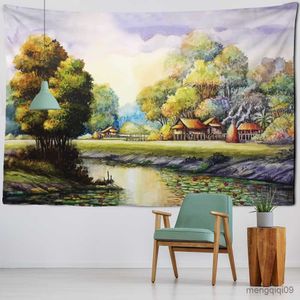 Tapestries Retro Color Oil Painting Wall Hanging Tapestry River Forest Wall Carpets Dorm Decor Picnic Mat Rugs Table Cloth R230710