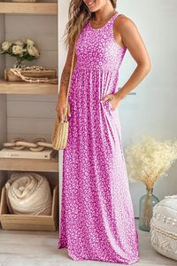 Lässige Kleider 2023 Sommer Frauen Kleid Blume Leopardenmuster O-Ausschnitt TANK ärmellose Tasche A-Linie knöchellanger Strandstil