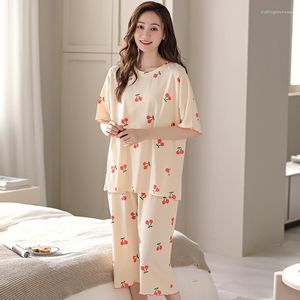 Women's Sleepwear Large Size M-5XL Women Pajamas Set Summer Modal Leisure Short Tops Calf Length Pants Pijamas Female Floral Pyjamas