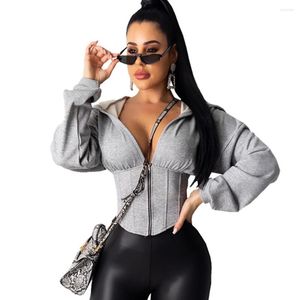 Damen Hoodies Herbst Sexy Grau Schwarz Zip Up Frauen Casual Langarm Korsett Abgeschnitten Hoodie Top Trainingsanzug Sweatshirt 2023