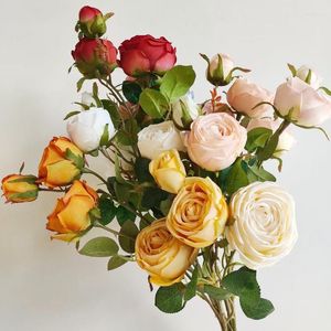 Dekorativa blommor 3 huvuden ros bukett konstgjord vit pion te Silke blomma för DIY hem trädgård bröllop dekoration Camellia Fake