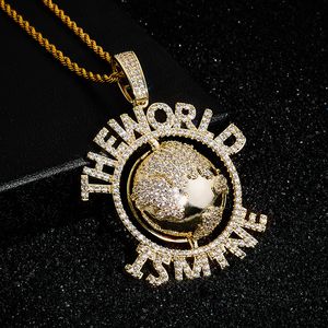 TopBling The World Is Mine Globe Iced Out Men Women 14k Gold Pendant Charm Rope Chain