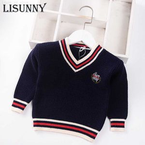 Autunno Inverno 2021 Neonati maschi Maglione Bambini Vestiti lavorati a maglia Bambini Pullover Maglione Bambino Ragazzo Scollo a V Banda Ricamo 0-5Y Y1024 L230710