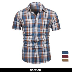 Мужские спортивные костюмы AIOPESON, качественная брендовая клетчатая рубашка, мужские летние рубашки из 100 хлопка с короткими рукавами, модные повседневные, социальные, деловые для 230707