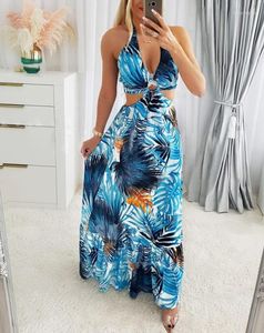 Casual Sukienki Lato Damskie Wakacje Plaża Długie 2023 Seksowne Wycięcie Wiązanie Liść palmowy Nadruk Wiązanie Detal Halter Maxi Sukienka Famale