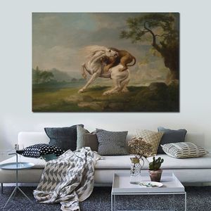 High Quality George Stubbs Painting Horse Canvas Art A Lion Attacking A Horse Handmade Classical Landscape Artwork