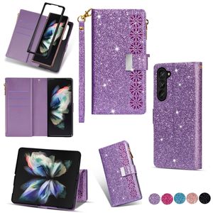 Multi-functional Zipper Cases For Samsung Galaxy Z Fold 5 4 3 Fold4 ZFold5 Leather Wallet Bling Glitter Cover Card Slot Pocket Lace Flower Luxury Sparkle Folding Pouch