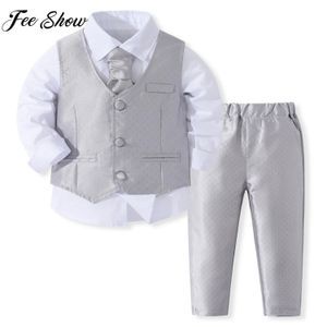 Maglie Bambino Ragazzi Gentleman Suit 4 pezzi Set Formale Compleanno Battesimo Abiti da festa di nozze Camicia bianca a maniche lunghe con cravatta Gilet Pantaloni 230707