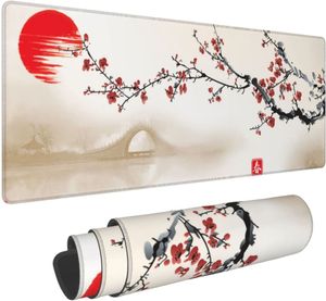 Japonês Cherry Blossom Ink Painting Sunrise Game Mouse Pad XL Antiderrapante Base de Borracha Mouse Pad Borda Costurada Almofada de Mesa 31,5 X 11,8 In