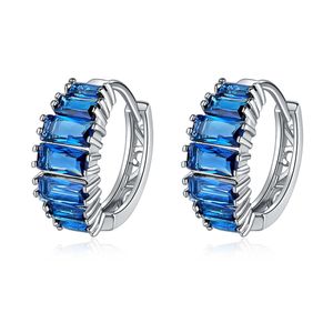 Cute Sapphire Square White Gold Huggie Womens Earring Hoop Blue Zircon Platinum Plated Clip Ice Out Baguette Ear Ring Bling Earring For Guy Women Girls Wholesale