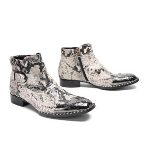 Italian High Quality Men Genuine Leather Snake Skin Ankle Boots Metal Square Toe Buckle Dress Military Shoes Sapatos Masculinos