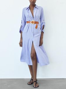 Lässige Kleider für Damen 2023, Büro-elegantes Reverskragen-gestreiftes Hemdkleid mit Gürtel vorne, geknöpft, langärmlig, Midi