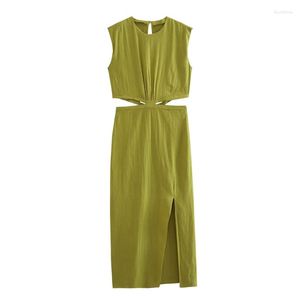 Abiti casual donna elegante verde vita scava fuori abito canotta 2023 estate moda femminile solido backless lungo spacco laterale da donna