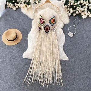 Casual Kleider Vintage Bohemian Kleid Frauen Croceht Spaghetti Strap Stickerei Lange mit Quaste Strand Urlaub Tragen Vestidos