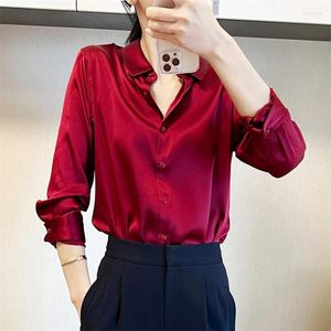 Frauen Blusen OL Stil Solide Satin Shirts Für Frauen drehen-unten Kragen einreiher Bluse Tops Elegante Arbeitskleidung weibliche Blusas 2023