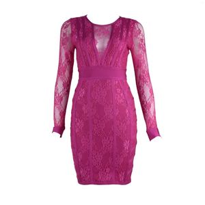 Casual Dresses 2023 Women's Floral Lace Purple Black Long Sleeve Sexy O-Neck Tight Fashion Bandage Chic Elegant Celebrity Party Dress