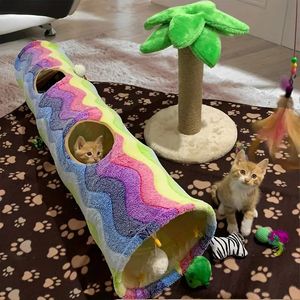 Brinquedo de túnel de gato, canais de túnel de gato, tubos de túnel dobráveis Tubo de túnel interativo com bolas de pelúcia para pequenos animais de estimação coelhos, gatinhos