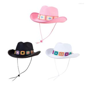 Berety Fashion Crochet Flower Pattern Cowgirl Hat Z Regulowaną Liną Dziewczyna Western