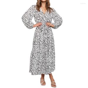 Lässige Kleider Damen Frühling Sommer Maxikleid Langarm Print Bohemian V-Ausschnitt Flowy 517D