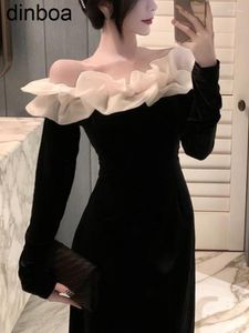 Casual Dresses Korean Fashion Velvet Midi Dress Woman Long Sleeve Sexy Elegant 2023 Pure Color French Vintage Off Shoudler Design