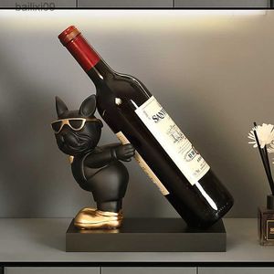 Decorative Objects Dog Figurines Red Wine Rack Home Interior Decoration Accessories French Bulldog Statue House Living Room Decor Table Ornaments T230710