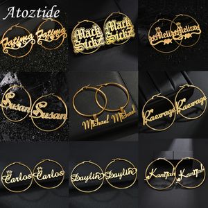 Hoop Huggie Atoztide Personalized 50mm Custom Name Earrings For Women Stainless Steel Heart Crown High Quality Weddings Party Jewelry Gift 230710