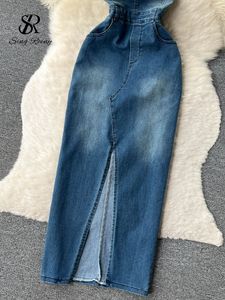 Grundlegende Freizeitkleider SINGREINY Trägerlos Sexy Denim Frauen Weg Von der Schulter Schlank Split Lange Koreanische Streetwear Retro Bodycon Kleid 230710 2024