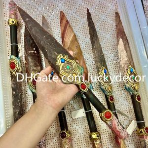 Indian Aagate Spearhead Magic Crystal Wand Witchy Gifts Handmade Big Gorgeous Protection Rhodocrosite Point Cetro de Madeira de Ébano Cetro Wiccan Pagan Altar